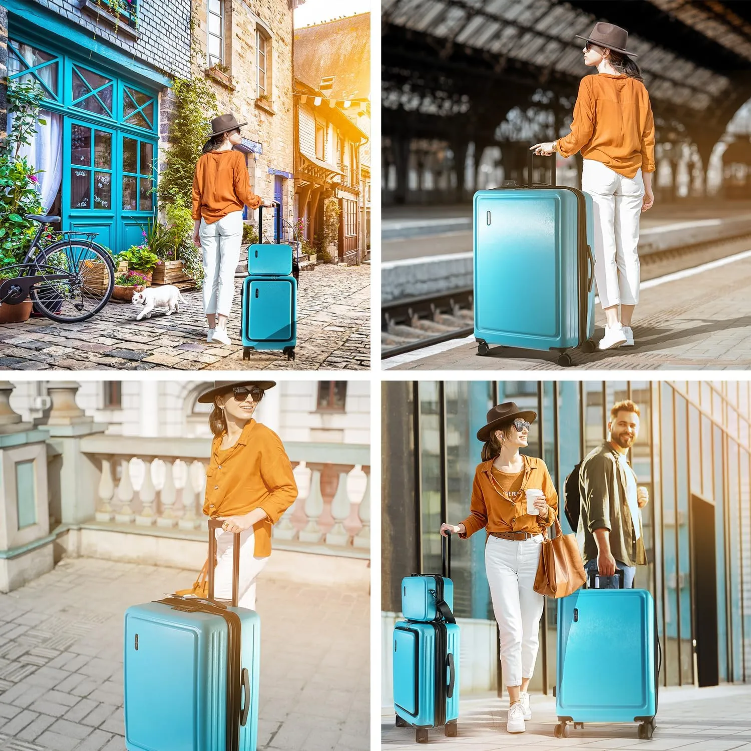 Hard Shell Luggage Sets with Spinner Wheels 4 Piece, Expandable Large Suitcases with TSA Lock, Travel Large Suitcase Set, Teal Luggage Set