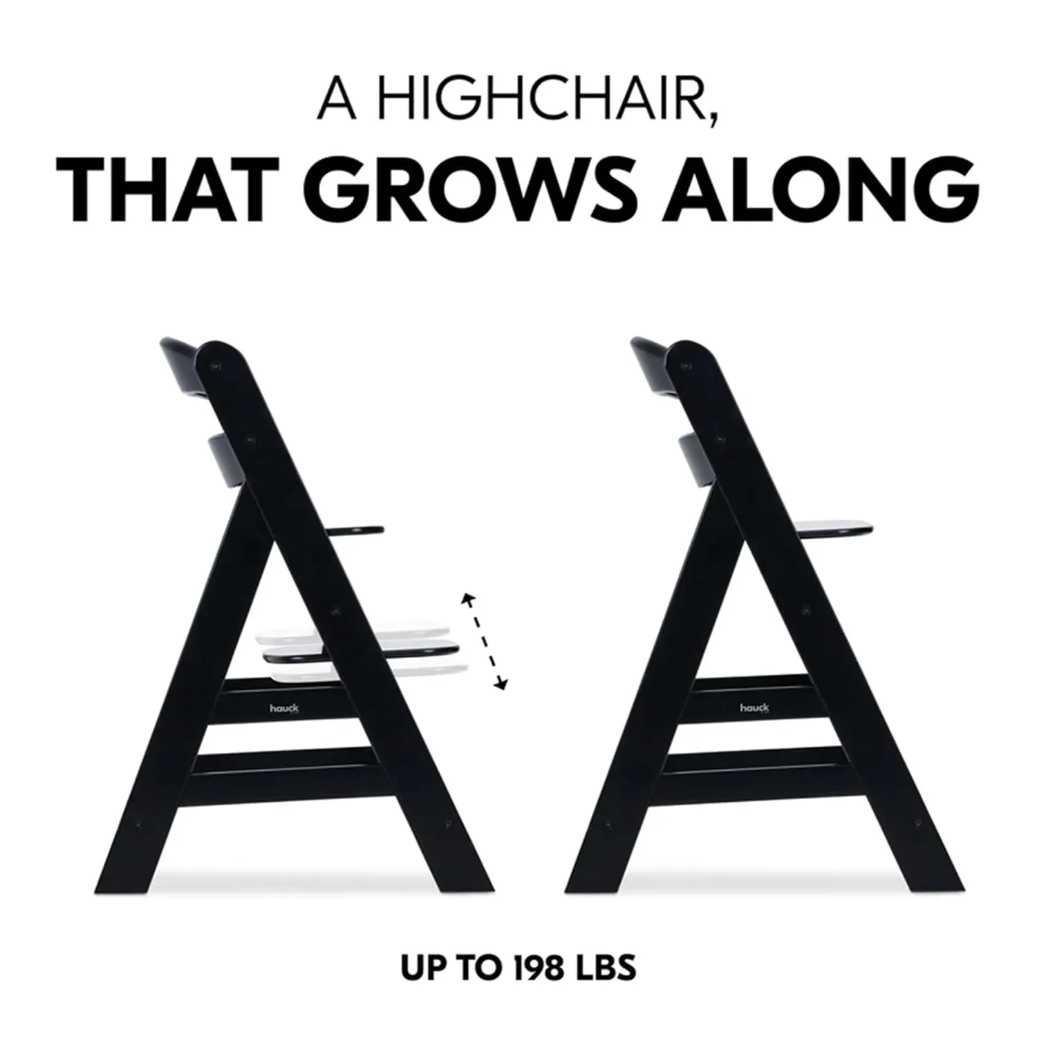 hauck Alpha  High Chair for Children from 6 Months up to 90 kg, Includes Protective Bar, 5-Point Harness and Crotch Strap, FSC® Certified Beech Wood (Black)