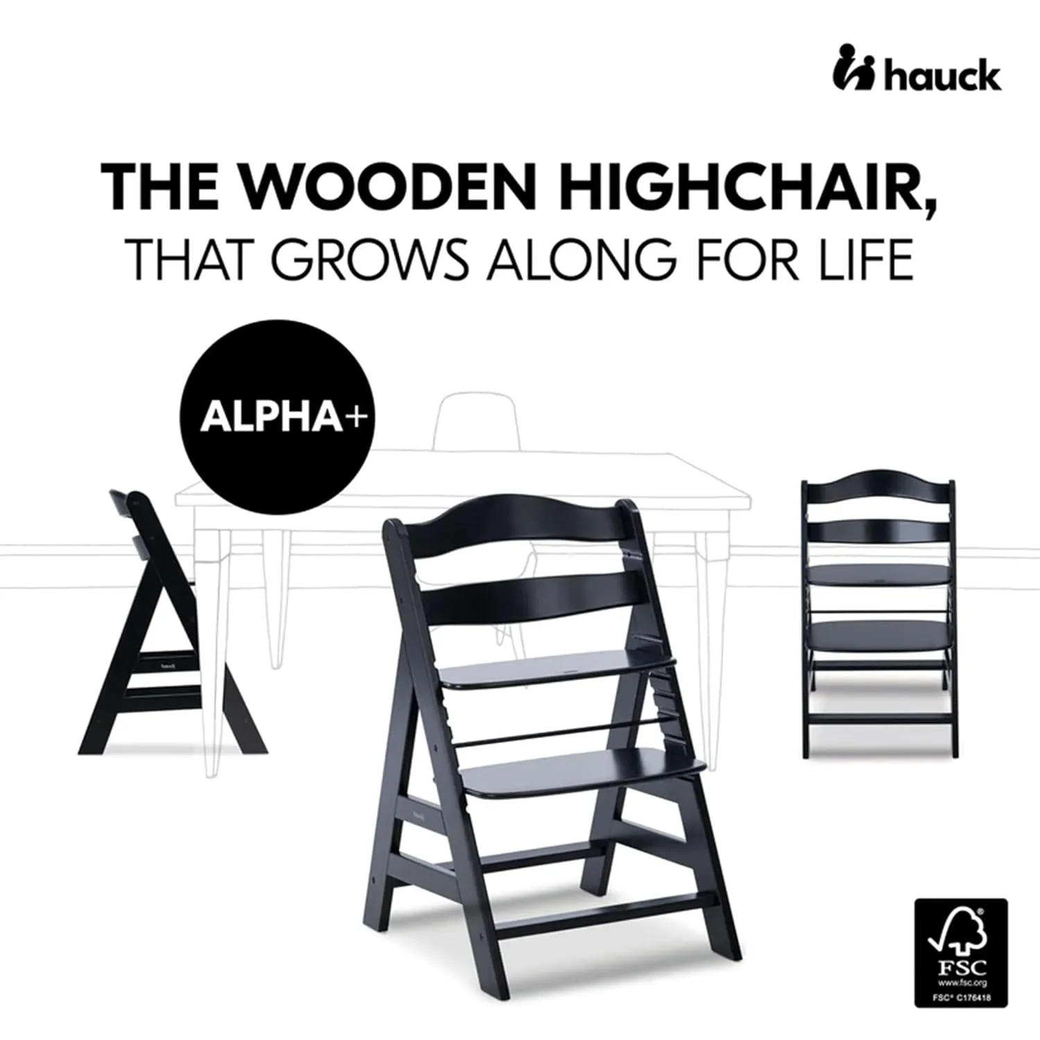 hauck Alpha  High Chair for Children from 6 Months up to 90 kg, Includes Protective Bar, 5-Point Harness and Crotch Strap, FSC® Certified Beech Wood (Black)