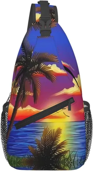 Hawaii Chest Sling Bag Tropical Palm Leaves Crossbody Shoulder Backpack Adjustable Travel Hiking Casual Daypack