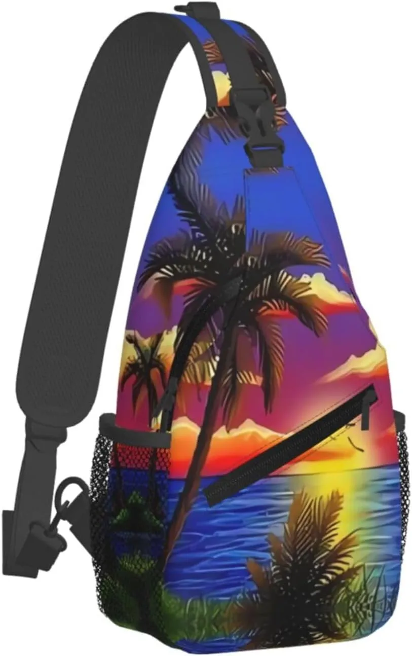 Hawaii Chest Sling Bag Tropical Palm Leaves Crossbody Shoulder Backpack Adjustable Travel Hiking Casual Daypack