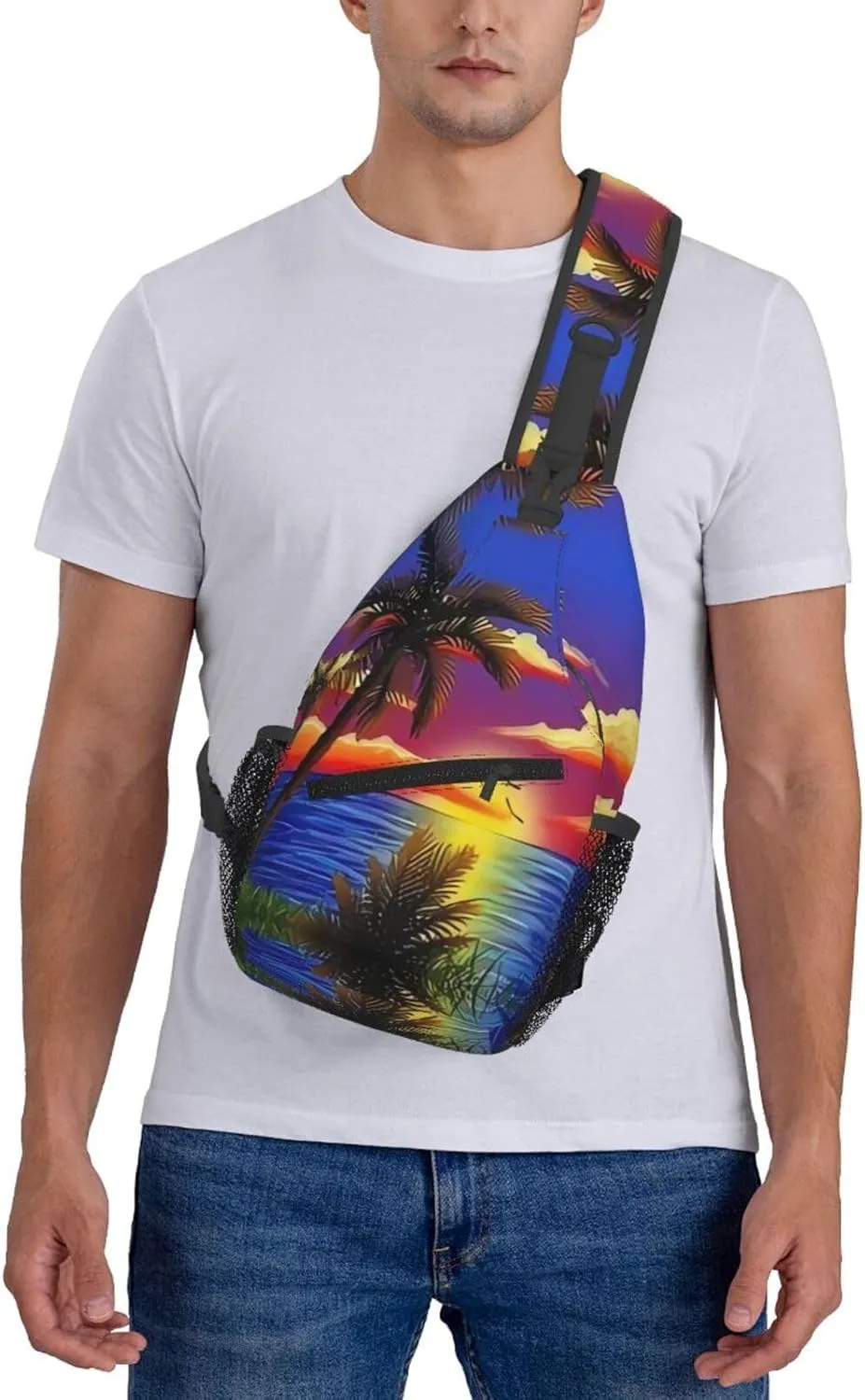 Hawaii Chest Sling Bag Tropical Palm Leaves Crossbody Shoulder Backpack Adjustable Travel Hiking Casual Daypack