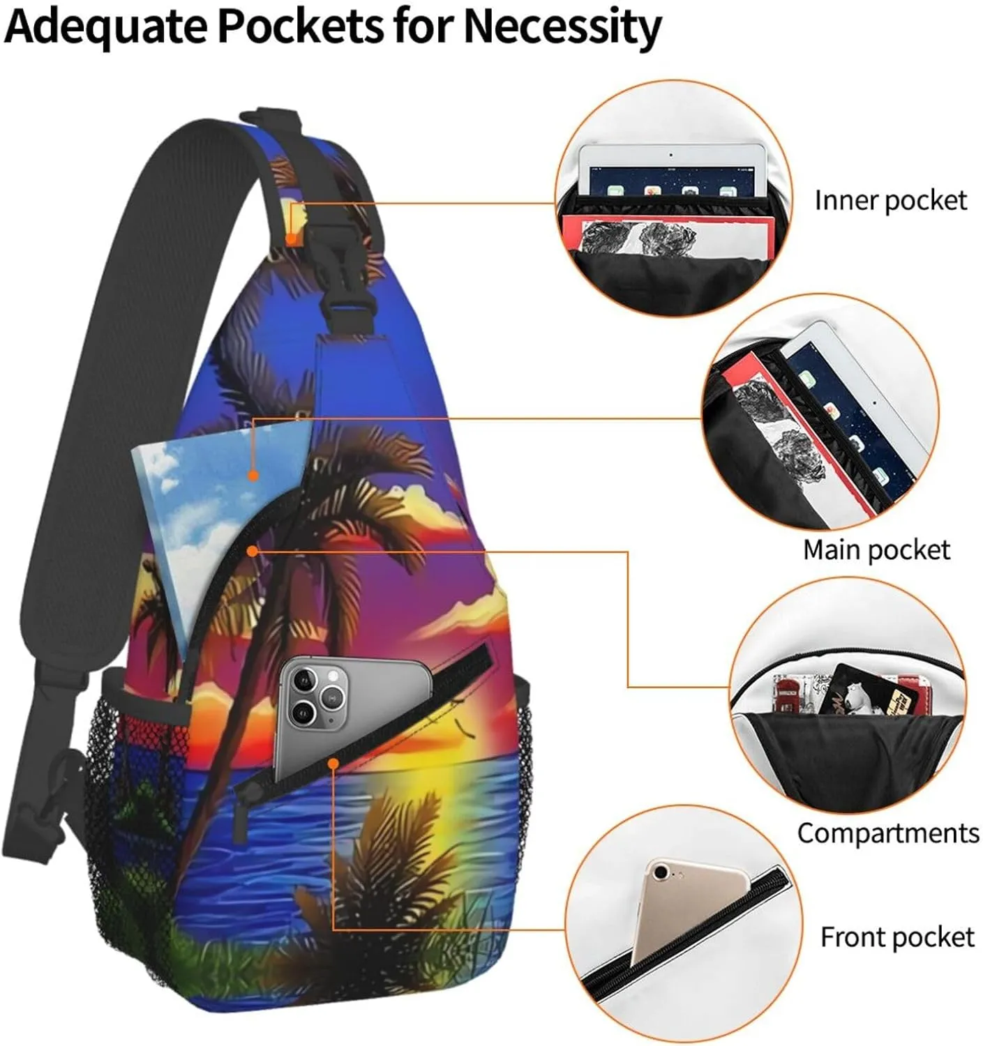 Hawaii Chest Sling Bag Tropical Palm Leaves Crossbody Shoulder Backpack Adjustable Travel Hiking Casual Daypack