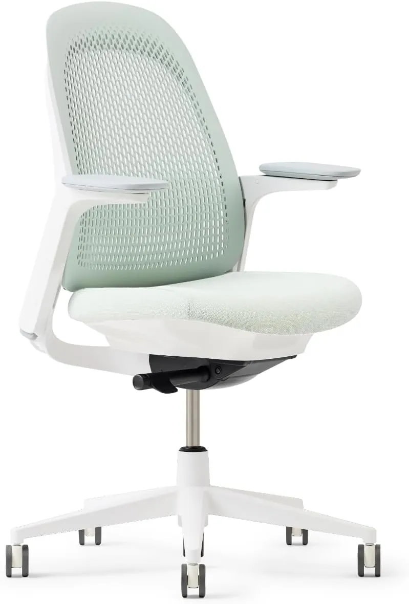 Haworth Breck Office Chair - Ergonomic Desk Seat with Height-Adjustable Lumbar Support, White Trim, Duo-Tone Hard Casters, and 4D-Arms (Agave)