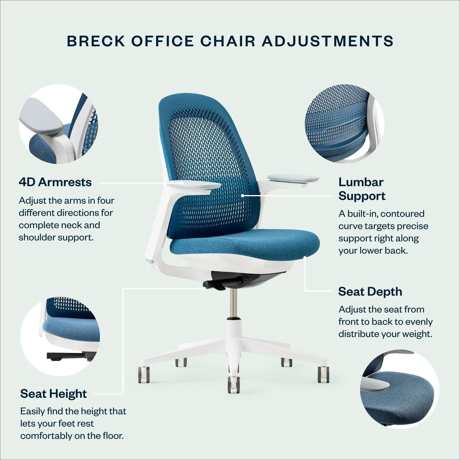 Haworth Breck Office Chair - Ergonomic Desk Seat with Height-Adjustable Lumbar Support, White Trim, Duo-Tone Hard Casters, and 4D-Arms (Agave)
