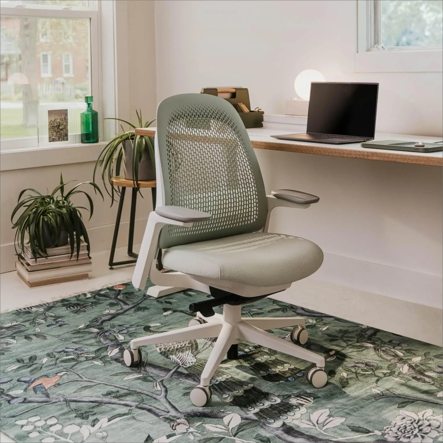 Haworth Breck Office Chair - Ergonomic Desk Seat with Height-Adjustable Lumbar Support, White Trim, Duo-Tone Hard Casters, and 4D-Arms (Agave)