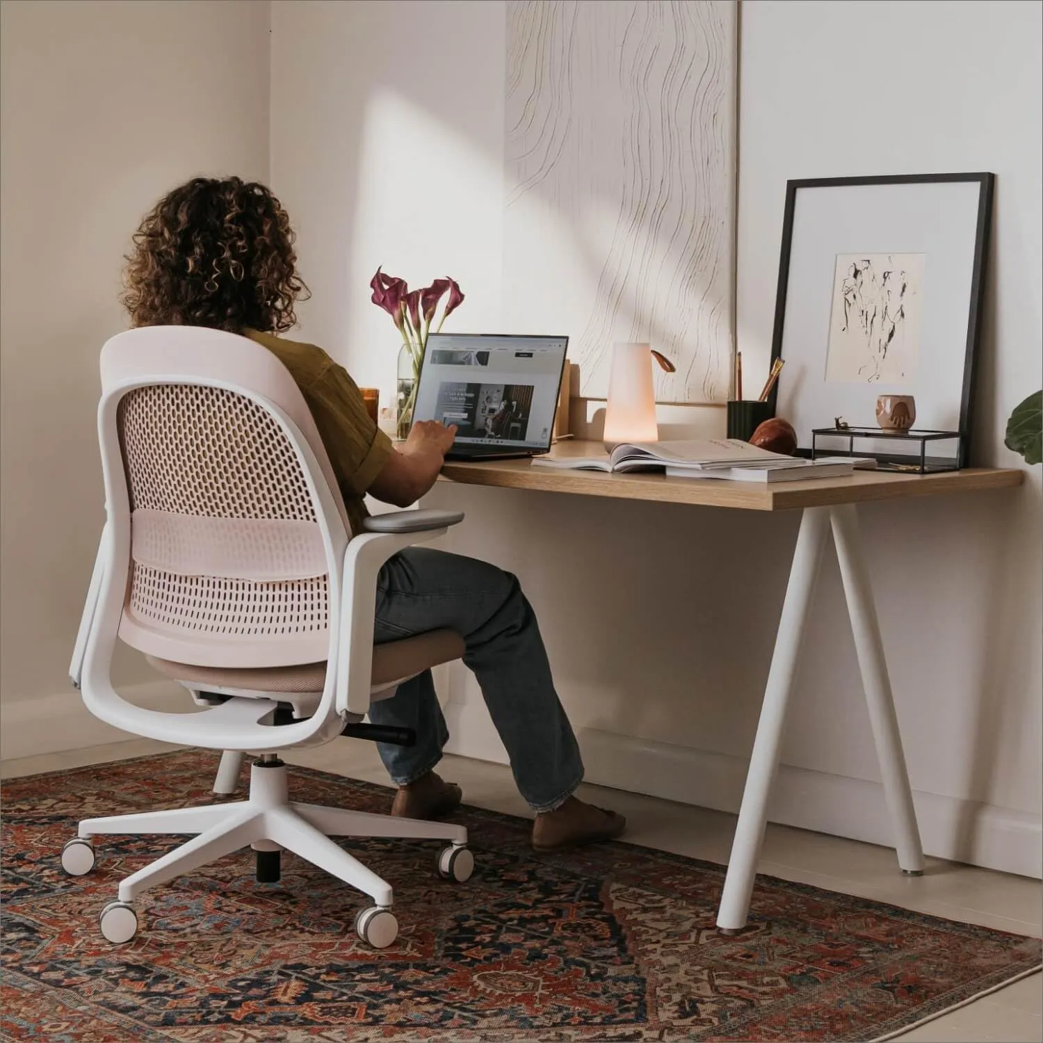 Haworth Breck Office Chair - Ergonomic Desk Seat with Height-Adjustable Lumbar Support, White Trim, Duo-Tone Hard Casters, and 4D-Arms (Blush)