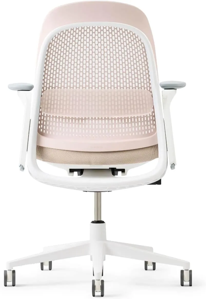 Haworth Breck Office Chair - Ergonomic Desk Seat with Height-Adjustable Lumbar Support, White Trim, Duo-Tone Hard Casters, and 4D-Arms (Blush)