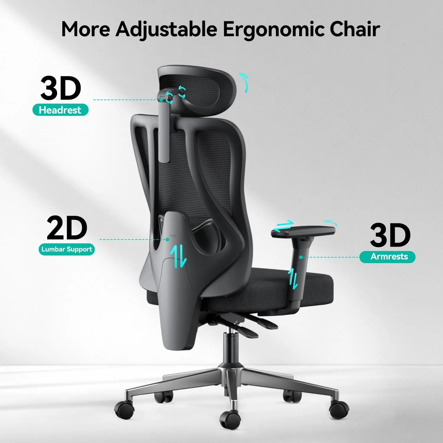 Hbada P3 Pro Ergonomic Office Chair with 2D Adjustable Lumbar Support, Office Desk Chair with 3D Adjustable Headrest and Armrests, 135° Stepless Tilt Function, Three-Layer Mesh, Black(No Footrest)
