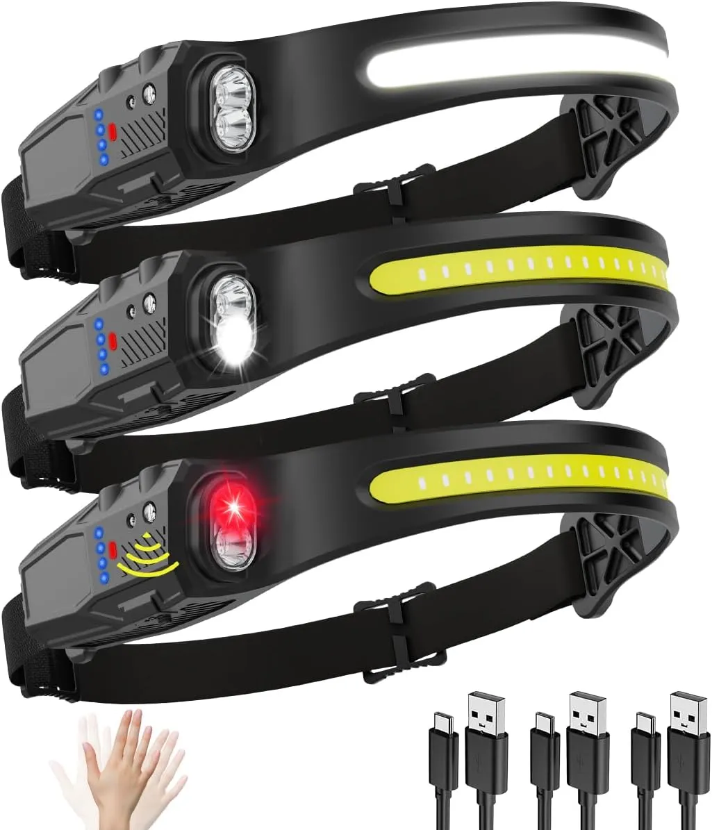 Headlamp Rechargeable 3Pack, 230° Wide Beam LED Headlamp, 7Mode Headlamps for Adults, Head Lamp with Motion Sensor, Red Light Head Lamps LED Rechargeable, Head Lights for Forehead Running Camping