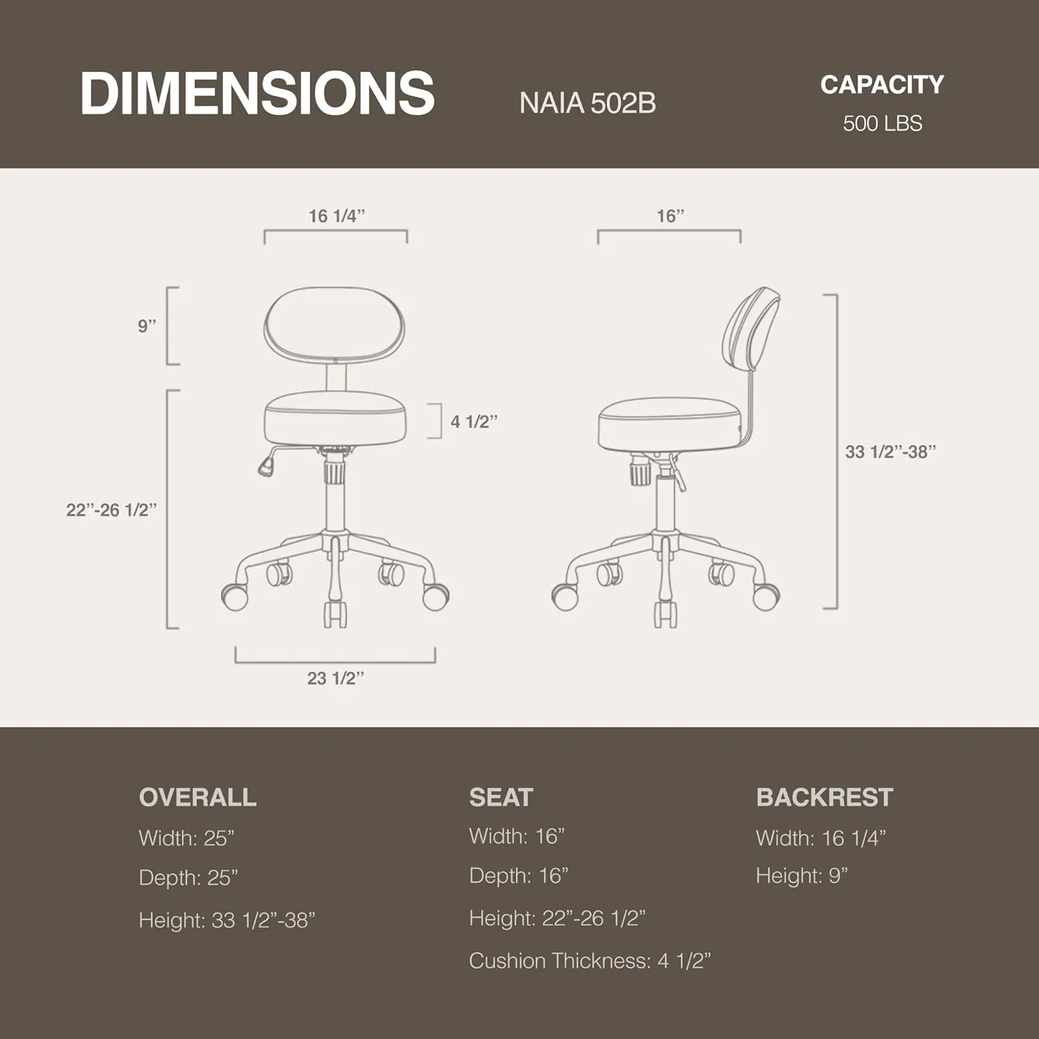 Heavy Duty Extra-Wide Seat Adjustable Height Swivel Rolling Stool for Dental Clinic, Salon, Office, and Bar - NAIA 502 (Black, with Backrest)