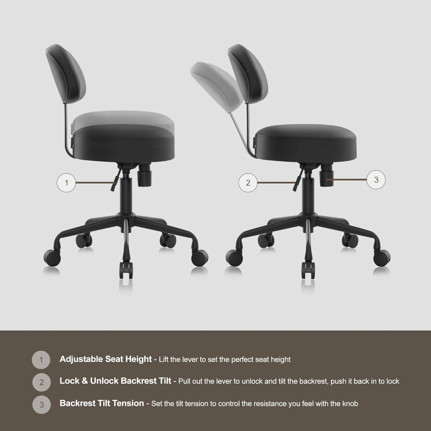 Heavy Duty Extra-Wide Seat Adjustable Height Swivel Rolling Stool for Dental Clinic, Salon, Office, and Bar - NAIA 502 (Black, with Backrest)