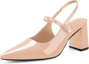 heelchic Women's Pumps Slingback Chunky Heels Closed Pointed Toe Comfortable Low Block Heel Slip-on Sandals Wedding Party Dress Shoes Work Pumps
