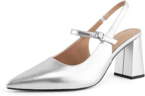 heelchic Women's Pumps Slingback Chunky Heels Closed Pointed Toe Comfortable Low Block Heel Slip-on Sandals Wedding Party Dress Shoes Work Pumps