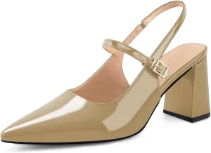 heelchic Women's Pumps Slingback Chunky Heels Closed Pointed Toe Comfortable Low Block Heel Slip-on Sandals Wedding Party Dress Shoes Work Pumps