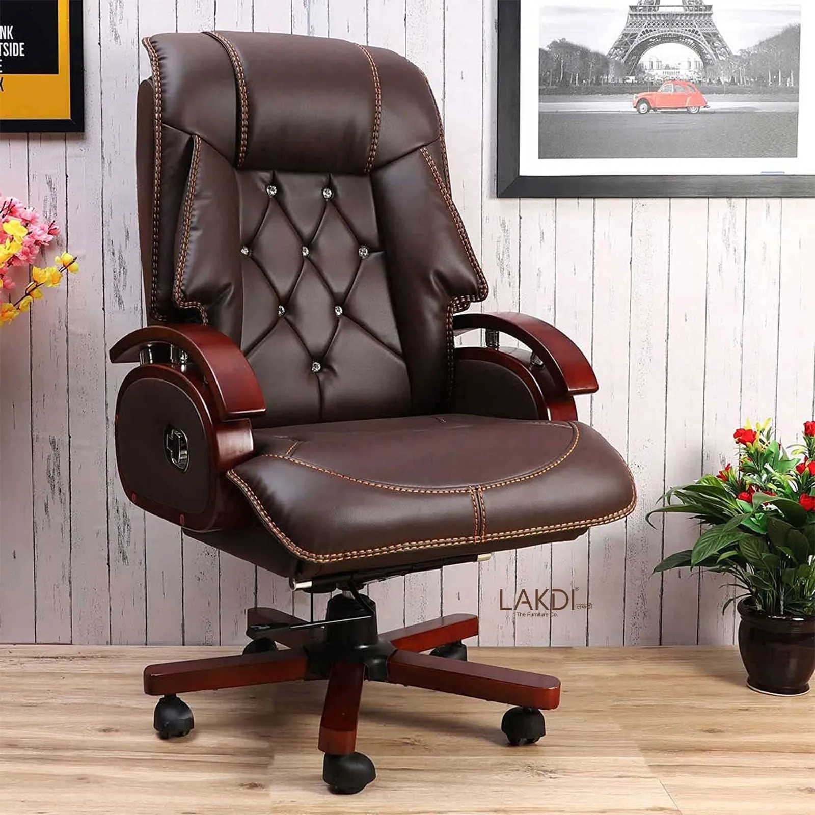 High Back Leatherette Wooden Director Chair with Wooden Base and Handle, Wooden chair