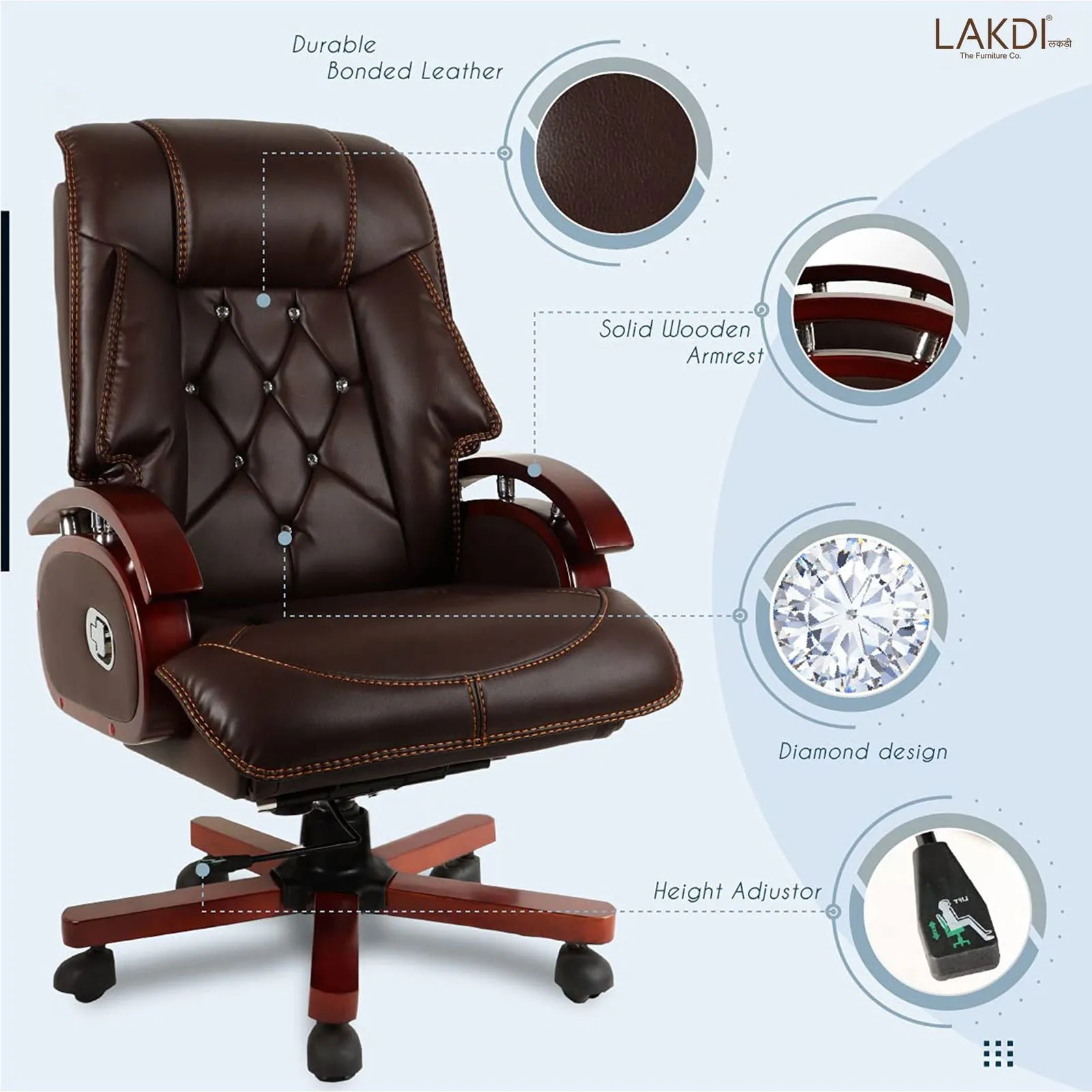 High Back Leatherette Wooden Director Chair with Wooden Base and Handle, Wooden chair