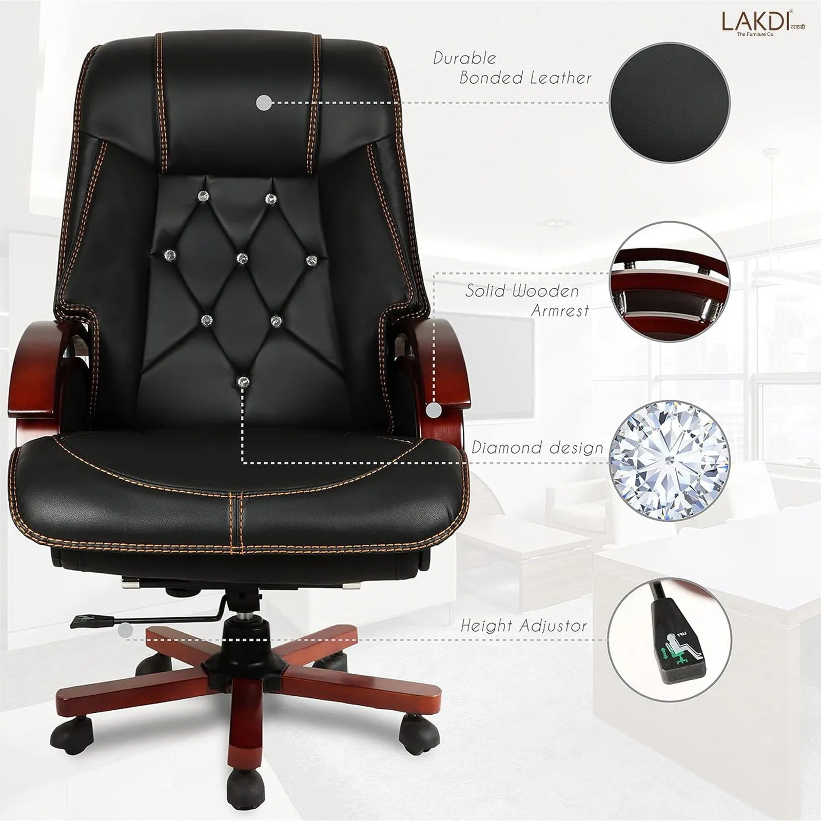 High Back Leatherette Wooden Director Chair with Wooden Base and Handle, Wooden chair