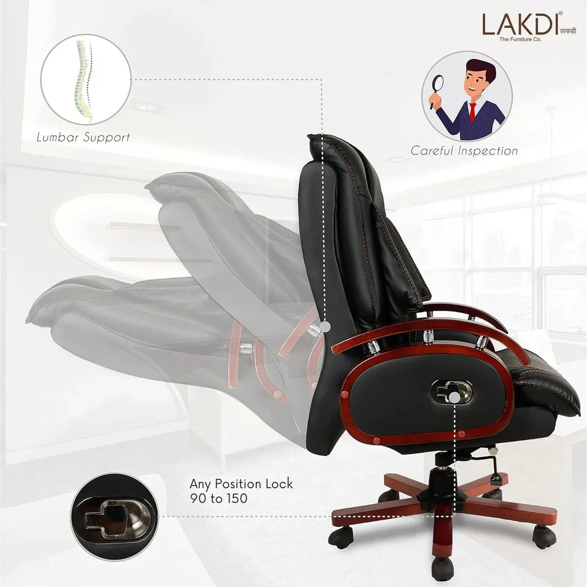 High Back Leatherette Wooden Director Chair with Wooden Base and Handle, Wooden chair