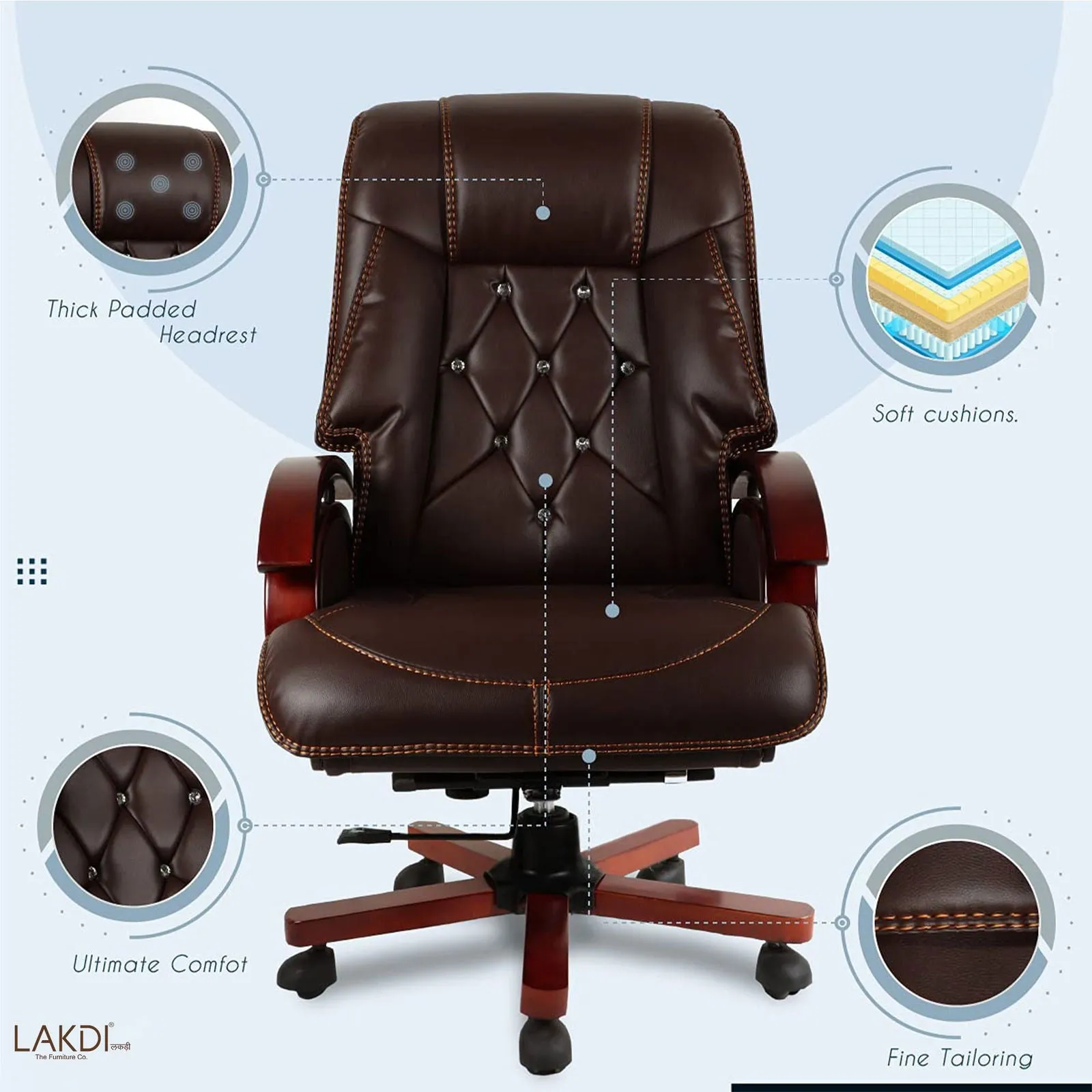 High Back Leatherette Wooden Director Chair with Wooden Base and Handle, Wooden chair