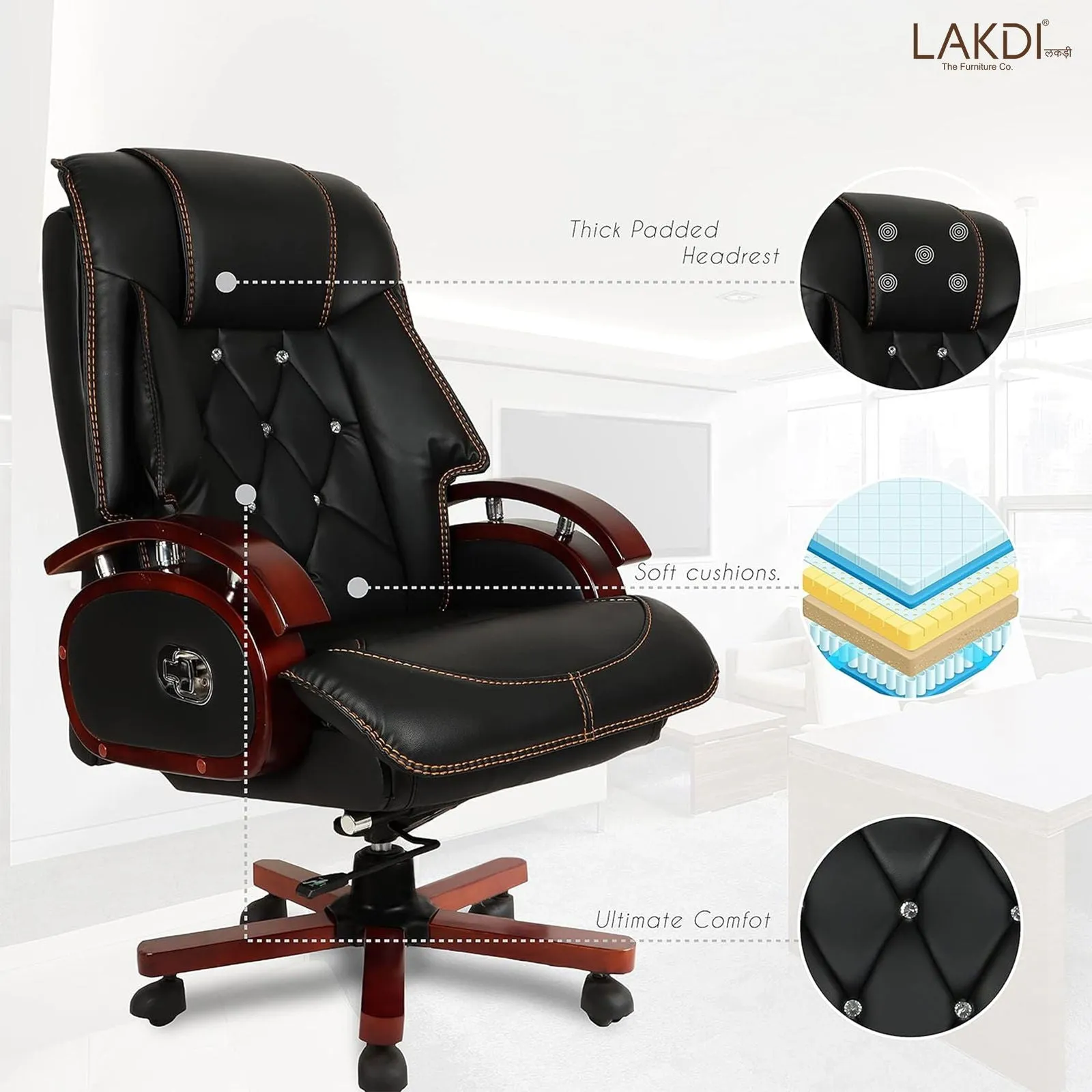 High Back Leatherette Wooden Director Chair with Wooden Base and Handle, Wooden chair