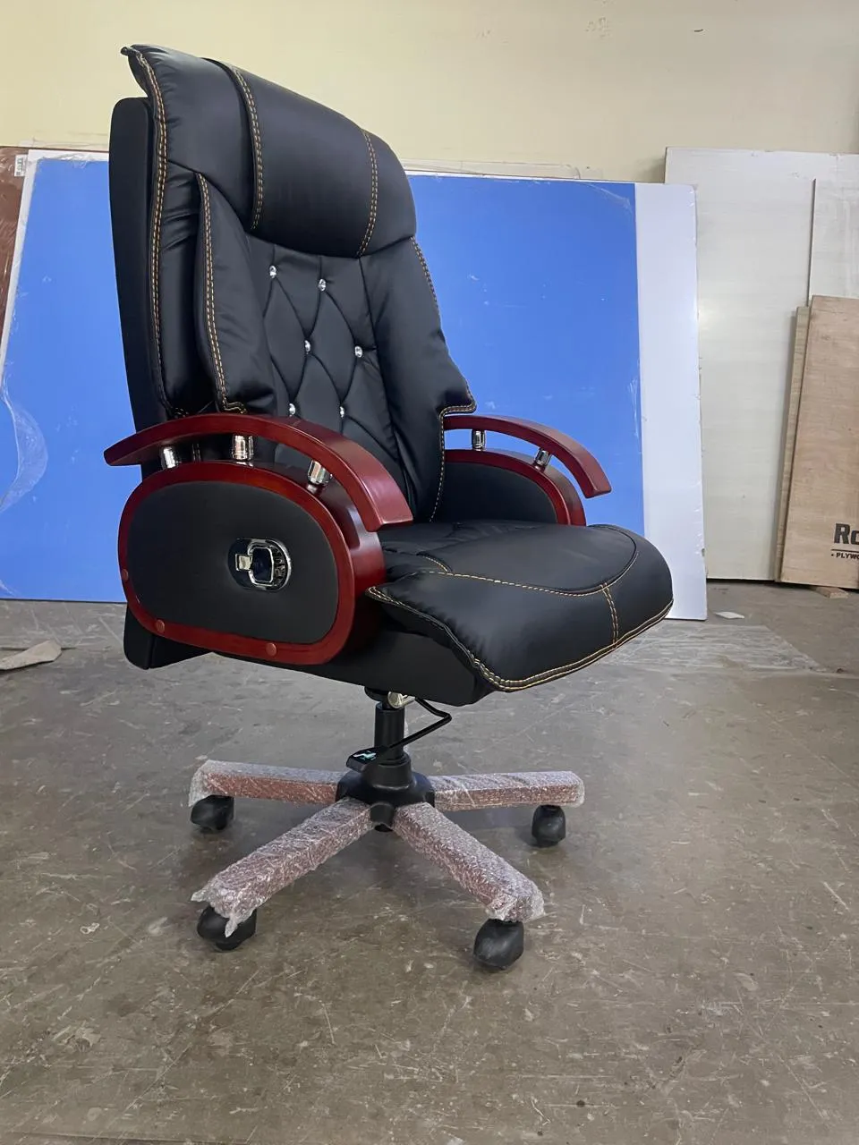 High Back Leatherette Wooden Director Chair with Wooden Base and Handle, Wooden chair