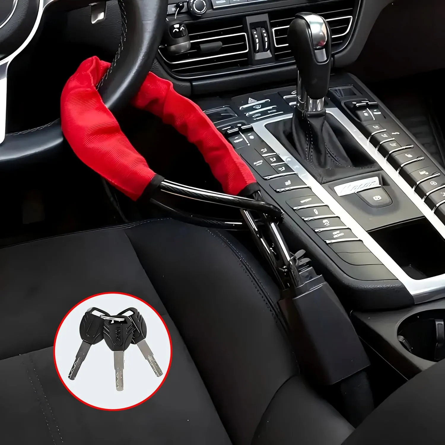 ‎HMYMYHM Car Steering Wheel Lock, Seat Belt Lock, Anti-Theft Device, Maximum Length 17 Inch, 3 Keys, Multi-Function, Suitable for Most Vehicles, SUV, Golf Cart Security (Red)