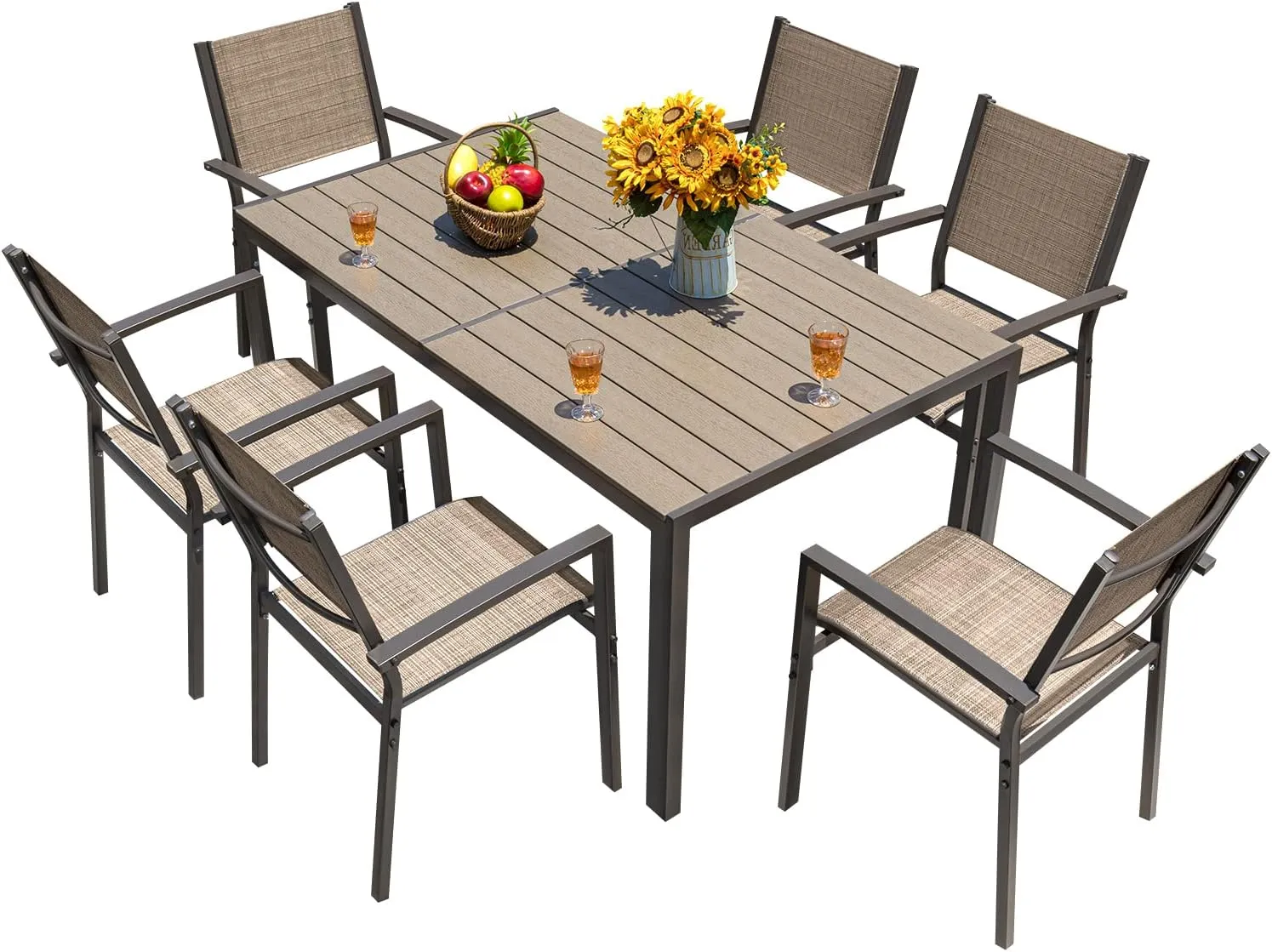 Homall 7 Pieces Patio Dining Set Outdoor Furniture with 6 Stackable Textilene Chairs and Large Table for Yard, Garden, Porch and Poolside, Beige