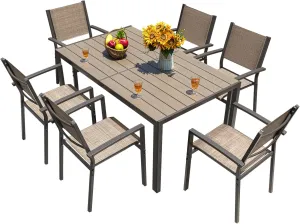Homall 7 Pieces Patio Dining Set Outdoor Furniture with 6 Stackable Textilene Chairs and Large Table for Yard, Garden, Porch and Poolside, Beige