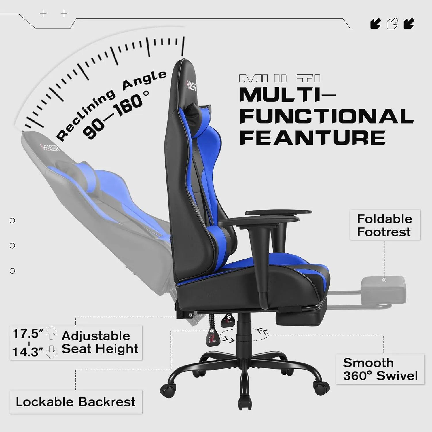 Homall Gaming Chairs, Computer Chair with Footrest and Massage Lumbar Support, Height Adjustable Game Chair with Headrest and Swivel Seat (Blue)