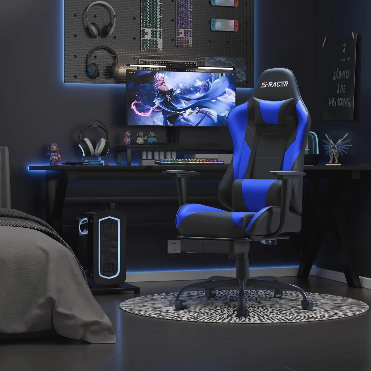 Homall Gaming Chairs, Computer Chair with Footrest and Massage Lumbar Support, Height Adjustable Game Chair with Headrest and Swivel Seat (Blue)