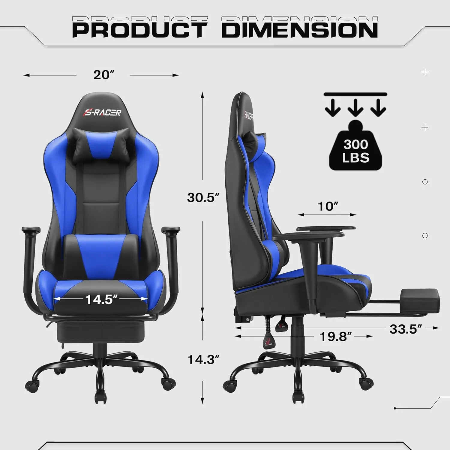 Homall Gaming Chairs, Computer Chair with Footrest and Massage Lumbar Support, Height Adjustable Game Chair with Headrest and Swivel Seat (Blue)