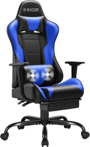 Homall Gaming Chairs, Computer Chair with Footrest and Massage Lumbar Support, Height Adjustable Game Chair with Headrest and Swivel Seat (Blue)
