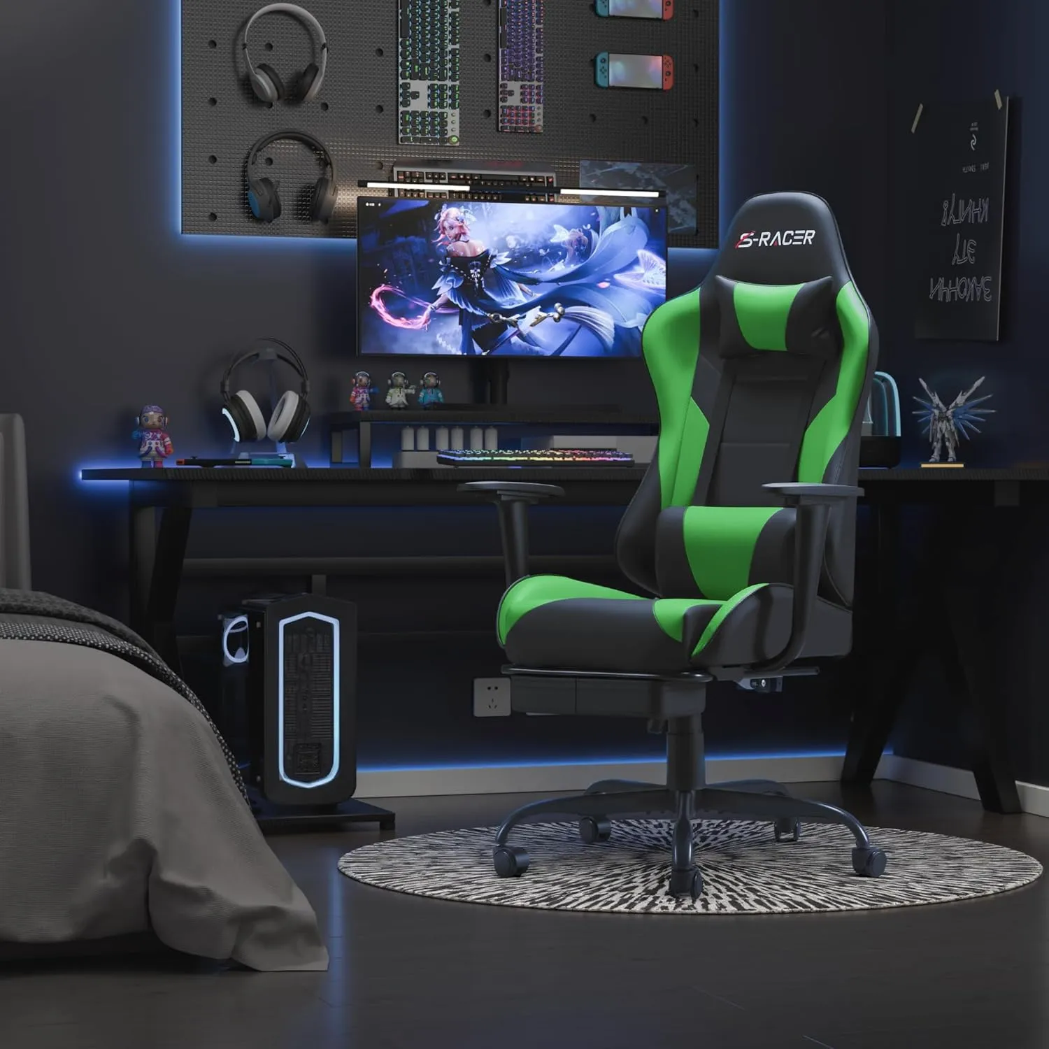 Homall Gaming Chairs, Computer Chair with Footrest and Massage Lumbar Support, Height Adjustable Game Chair with Headrest and Swivel Seat (Light Green)