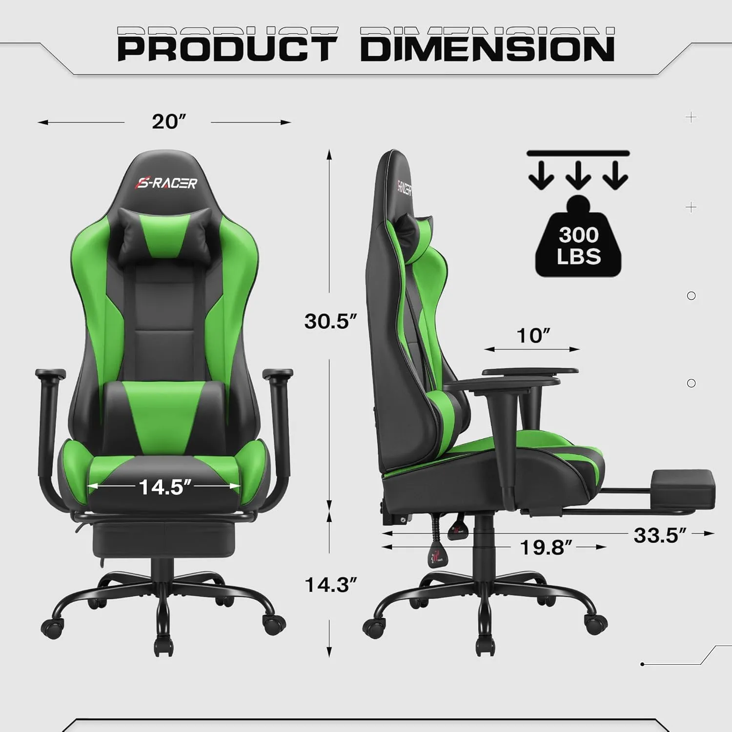 Homall Gaming Chairs, Computer Chair with Footrest and Massage Lumbar Support, Height Adjustable Game Chair with Headrest and Swivel Seat (Light Green)