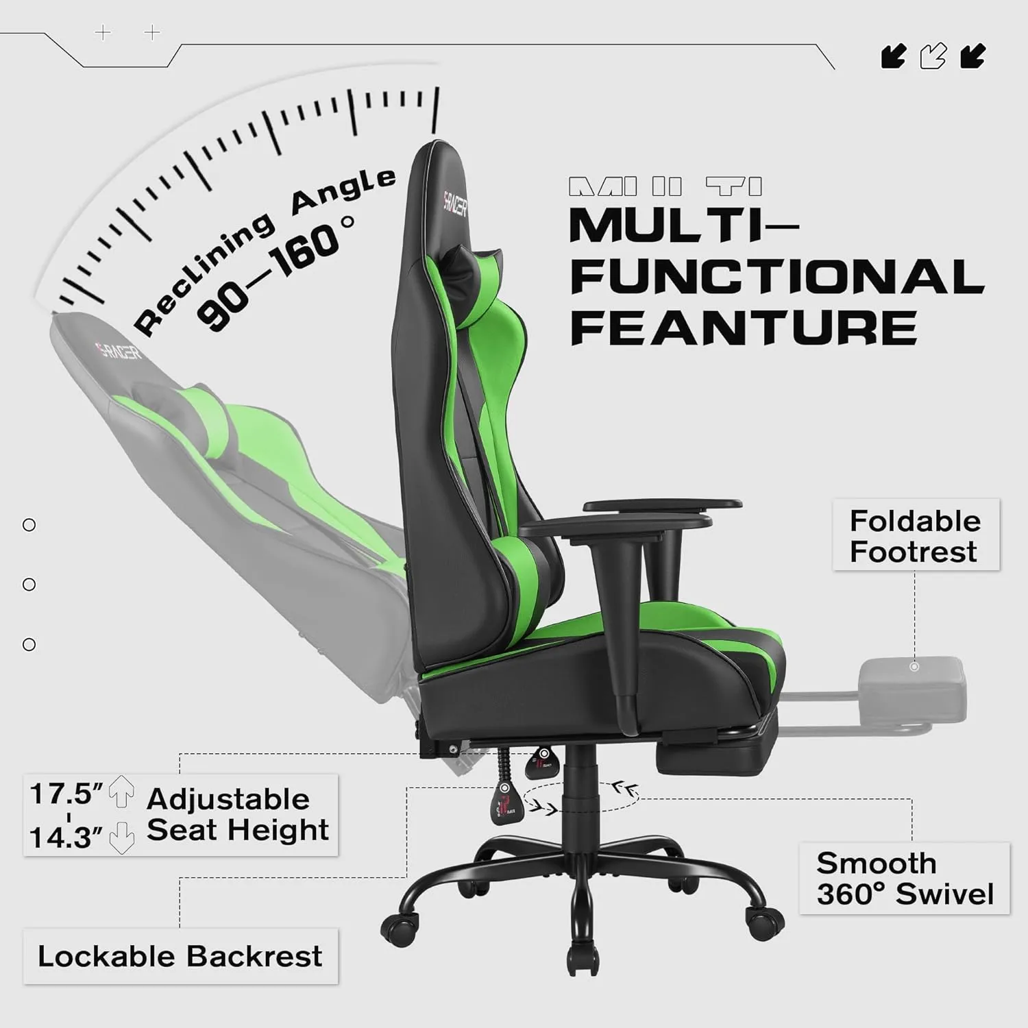 Homall Gaming Chairs, Computer Chair with Footrest and Massage Lumbar Support, Height Adjustable Game Chair with Headrest and Swivel Seat (Light Green)