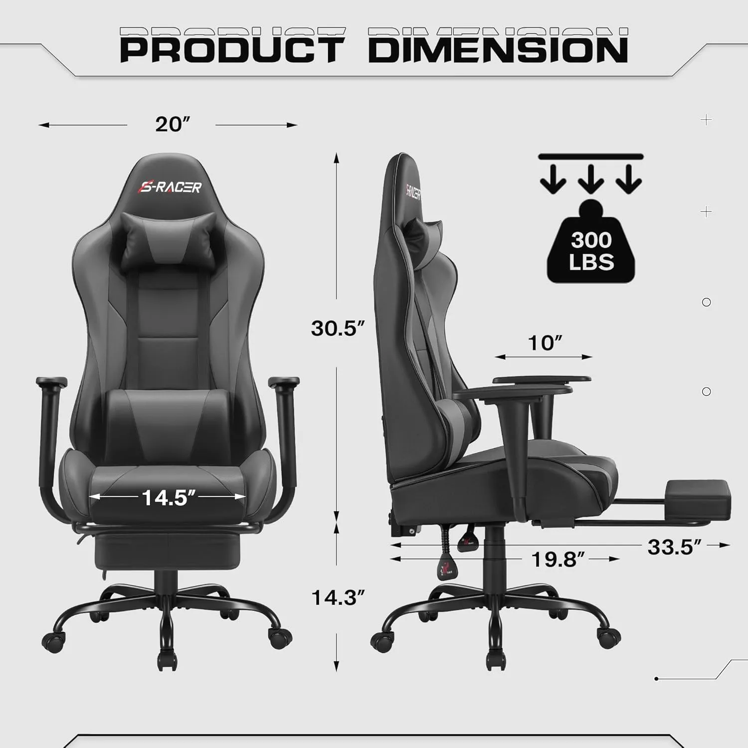 Homall Gaming Chairs, Computer Chair with Footrest and Massage Lumbar Support, Height Adjustable Game Chair with Headrest and Swivel Seat (Light Grey)