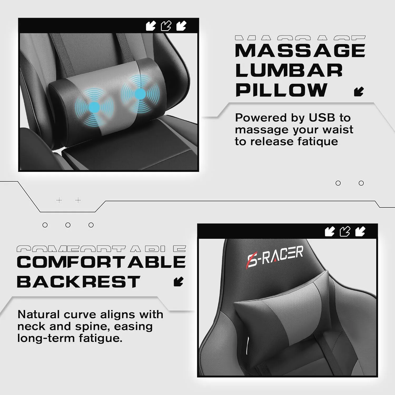 Homall Gaming Chairs, Computer Chair with Footrest and Massage Lumbar Support, Height Adjustable Game Chair with Headrest and Swivel Seat (Light Grey)