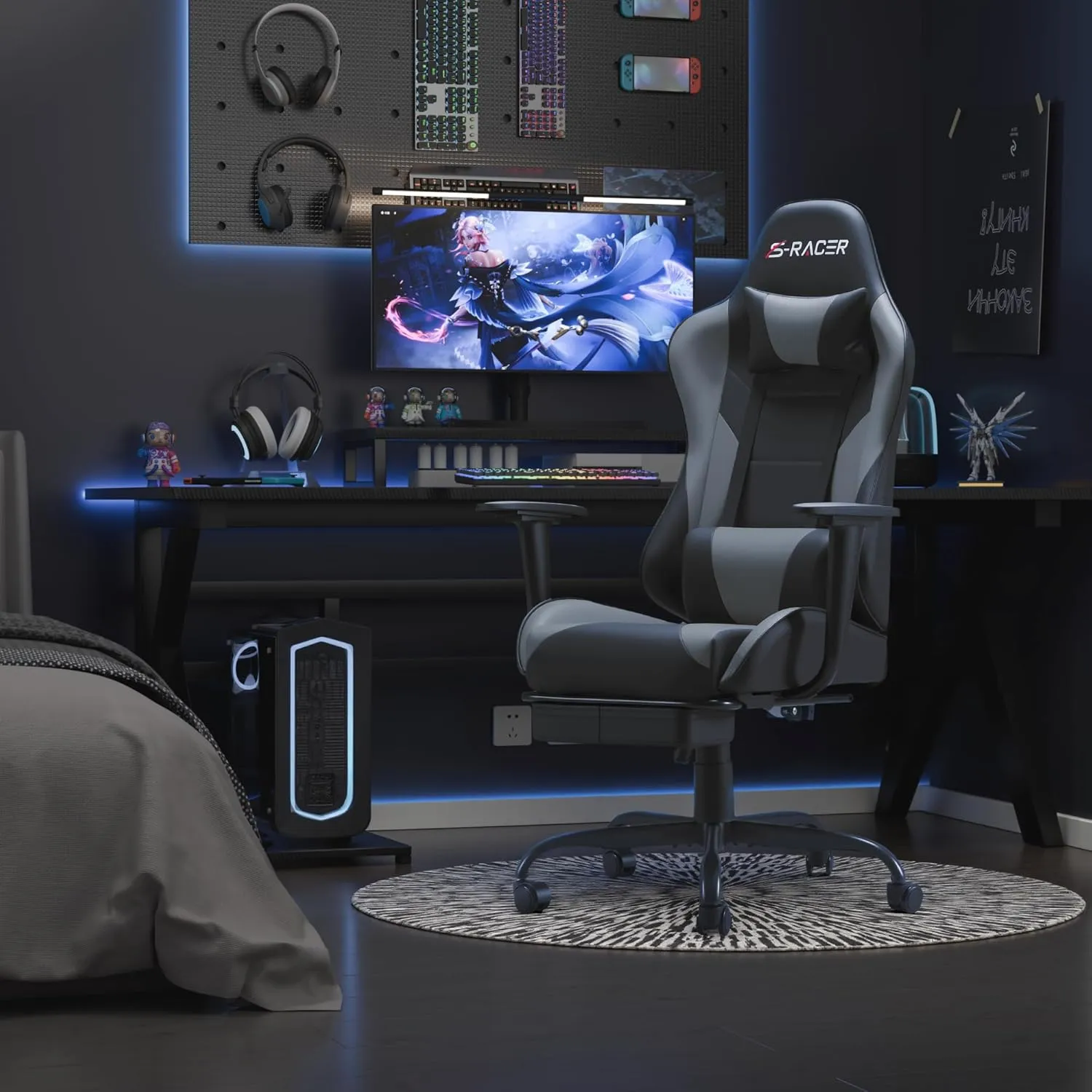 Homall Gaming Chairs, Computer Chair with Footrest and Massage Lumbar Support, Height Adjustable Game Chair with Headrest and Swivel Seat (Light Grey)