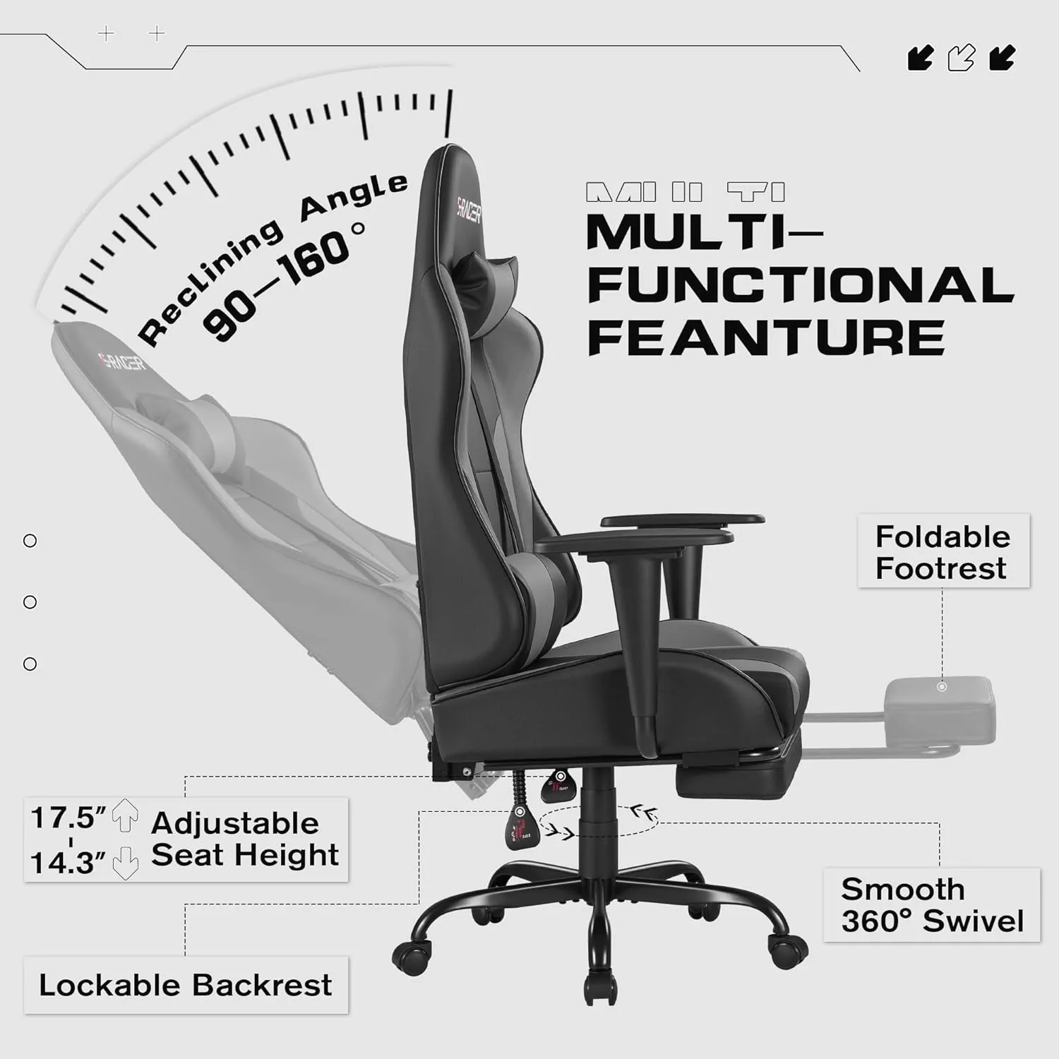 Homall Gaming Chairs, Computer Chair with Footrest and Massage Lumbar Support, Height Adjustable Game Chair with Headrest and Swivel Seat (Light Grey)