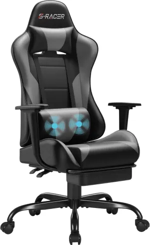 Homall Gaming Chairs, Computer Chair with Footrest and Massage Lumbar Support, Height Adjustable Game Chair with Headrest and Swivel Seat (Light Grey)