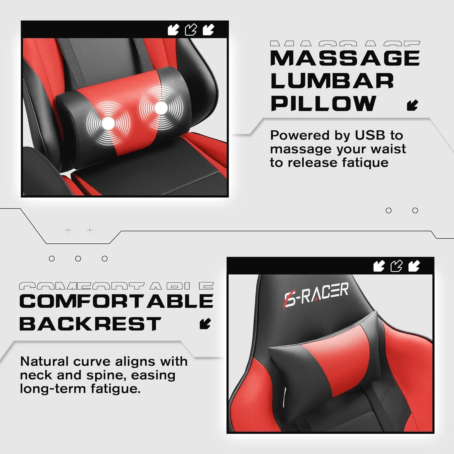 Homall Gaming Chairs, Computer Chair with Footrest and Massage Lumbar Support, Height Adjustable Game Chair with Headrest and Swivel Seat (Red)