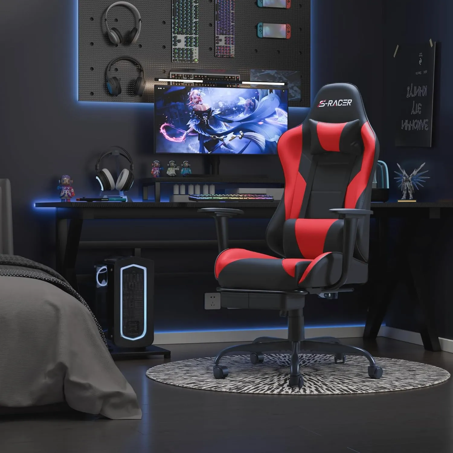 Homall Gaming Chairs, Computer Chair with Footrest and Massage Lumbar Support, Height Adjustable Game Chair with Headrest and Swivel Seat (Red)