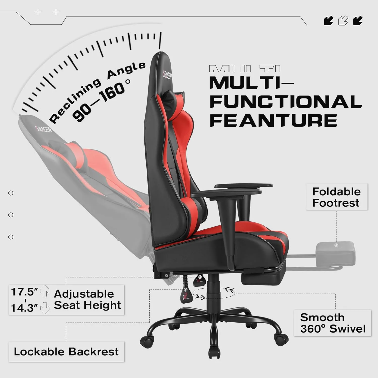 Homall Gaming Chairs, Computer Chair with Footrest and Massage Lumbar Support, Height Adjustable Game Chair with Headrest and Swivel Seat (Red)
