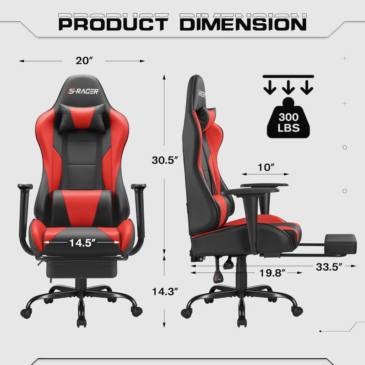 Homall Gaming Chairs, Computer Chair with Footrest and Massage Lumbar Support, Height Adjustable Game Chair with Headrest and Swivel Seat (Red)