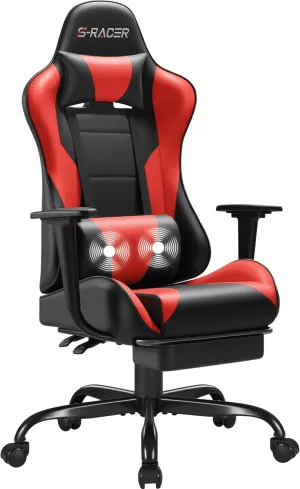 Homall Gaming Chairs, Computer Chair with Footrest and Massage Lumbar Support, Height Adjustable Game Chair with Headrest and Swivel Seat (Red)