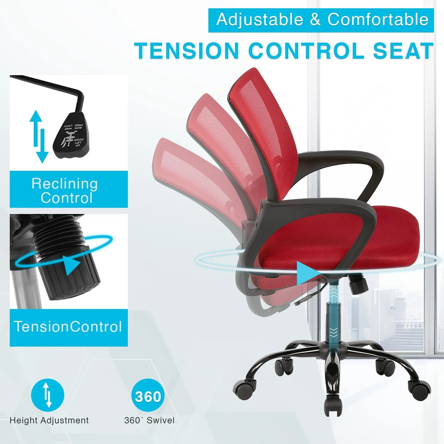 Home Office Chair Ergonomic Desk Chair Mesh Computer Chair with Lumbar Support Armrest Executive Rolling Swivel Adjustable Mid Back Task Chair for Women Adults,Red
