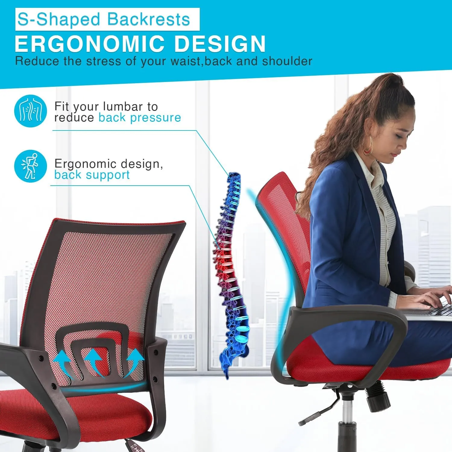 Home Office Chair Ergonomic Desk Chair Mesh Computer Chair with Lumbar Support Armrest Executive Rolling Swivel Adjustable Mid Back Task Chair for Women Adults,Red