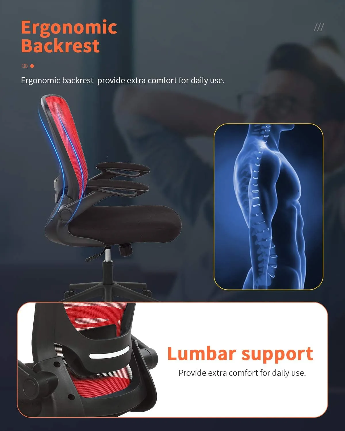 Home Office Chair Ergonomic Desk Chair Mesh Computer Chair with Lumbar Support Flip-up Arms Swivel Rolling Executive Task Chair Adjustable Chair for Adults(Red)