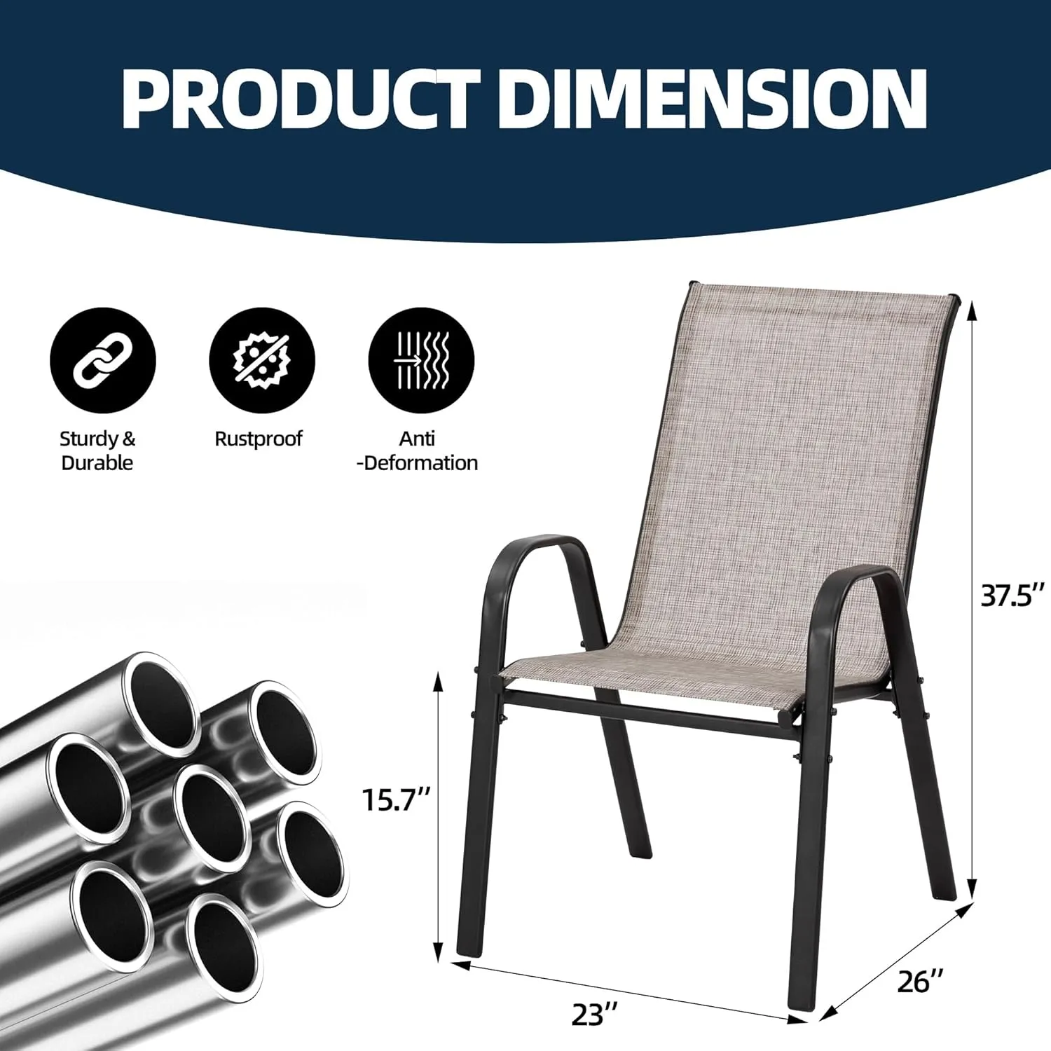 HOMREST Patio Chairs Set of 2,Outdoor Dining Chairs with Armrests,Backyard Stackable Chairs with Breathable Fabric & Metal Frame for All Weather, Grey